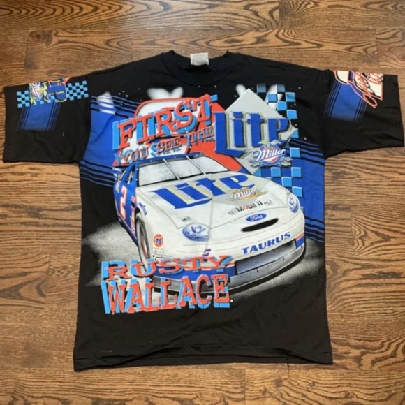 Vintage NASCAR Rusty Wallace Miller Lite AOP All Over Print T Shirt - Men's XL